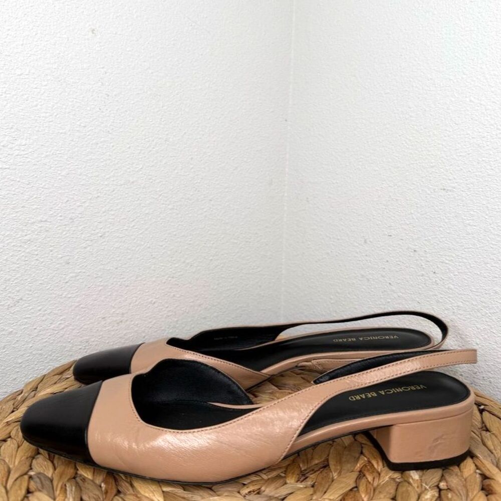 Veronica Beard Heels Cecile Half d'Orsay Slingback Block Heel Captoe black camel